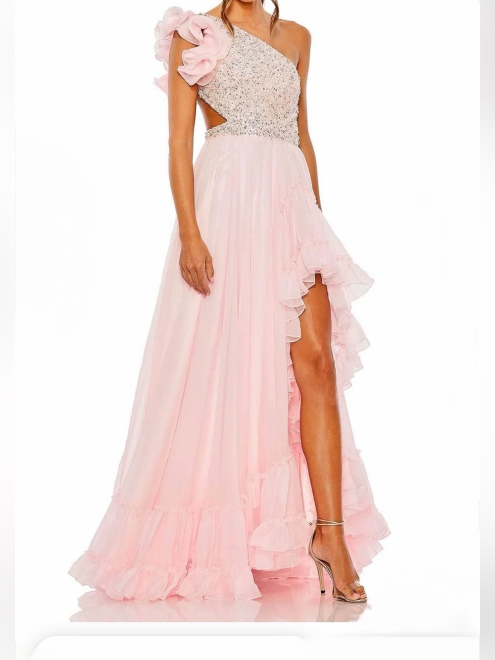 Mac Duggal Embellished One Shoulder Petal Pink Gown Size 4 Soft Pink Flowy NWT